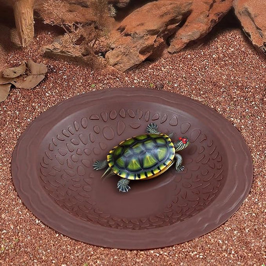 Turtle Bathing Pool Small for Reptiles & Amphibians - Resin Water Dish & Feeding Bowl with Gentle Slope - Safe for Turtles, Lizards, Frogs, Snakes (Reddish Brown)
