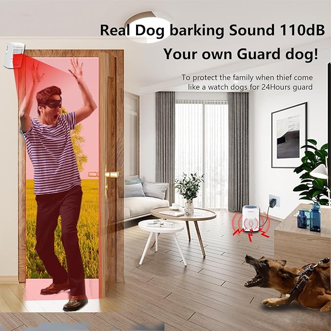 Barking Dog Motion Sensor-Pir Human Body Dog Barking Alarm Realistic Wireless Loud 1000Ft Door Chimes Home Security 1 Receiver 1 Motion Dectector Driveway Alarm Kit…