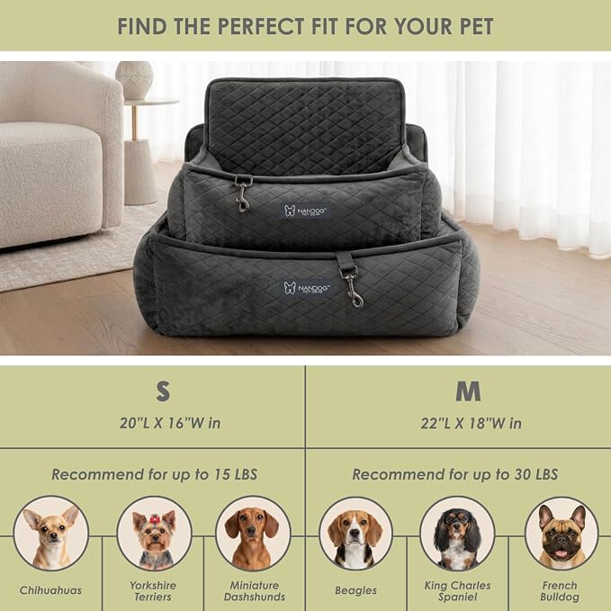 NANDOG Luxury Dog Car Seat Bed for Small Dogs, Micro Plush Pet Seat with Removable & Washable Cushion Insert, Thick Safety Seatbelt Straps, Secure Travel Carrier, Dark Grey, 20" L x 16" W
