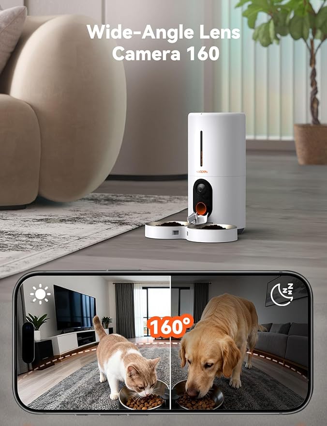 WOPET Automatic Cat Feeder with Camera for Two Cats, 6L Automatic Dog Feeder with HD Video and Night Vision, 5G/2.4G WiFi Pet Feeder for Cats & Dogs, SD Card Storage & 2-Way Audio