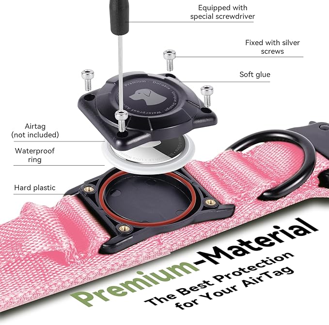 2026 Upgrade Waterproof AirTag Dog Collar, Military Tactical Dog Collar with AirTag Holder, Comfortable Control Handle and Metal Buckle, GPS Dog Collar Holder for Medium to Large Dogs (Pink,L)
