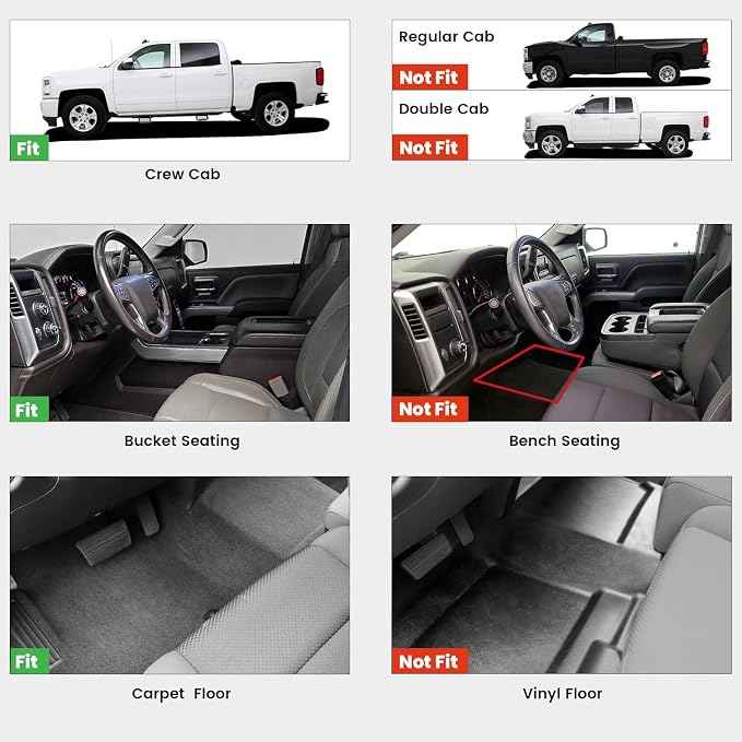 LASFIT Floor Mats 2014-2018 for Chevrolet Chevy Silverado/GMC Sierra 1500 Only Crew Cab, 2015-2019 Silverado/Sierra 2500HD 3500 HD, Only Crew Cab, with Carpet Floor, Only Fit 1st Row Bucket Seating
