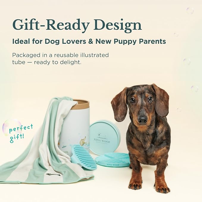 Bath Kit for Dogs & Puppies – Grooming Set with Recycled Polyester Towel, Silicone Brush & Lick Mat – Stylish At-Home Dog Bath Kit, Perfect Dog Gift