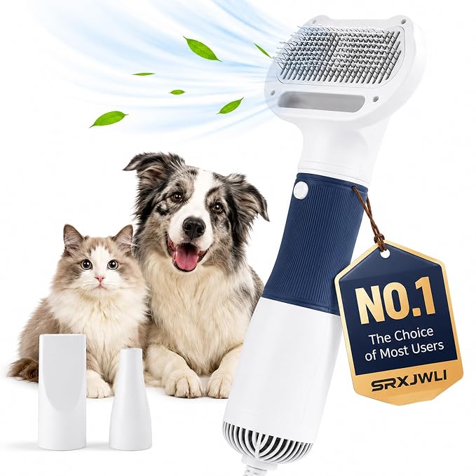 3 in 1 Pet Hair Dryers And Comb Brush High Velocity Blower for Dog Grooming | Portable Quiet Handheld Slicker with Steam Deshedding Intelligent Airflow System for Cats, Puppies and Professional(Blue)
