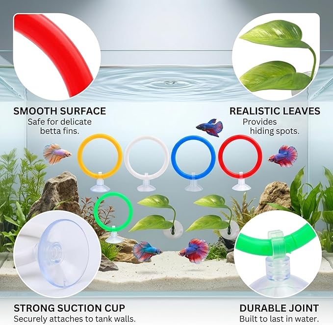 Betta Fish Tank Accessories and Toys, 7 Piece Betta Enrichment Set with Exercise Rings and Plants, Mental Stimulation and Stress Reduction for Betta Fish, Betta Toys