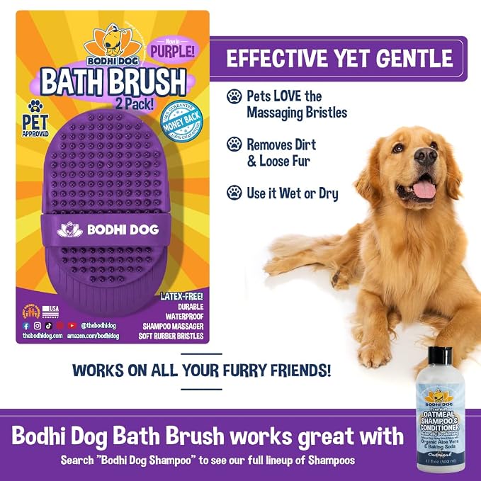 Bodhi Dog Shampoo Brush - Pet Grooming & Bath Supplies for Dogs and Cats - Bath Brush for Long & Short Hair - Premium Scrubber for Shower, Showerhead, Sprayer & Bathing (2-Pack, Purple)