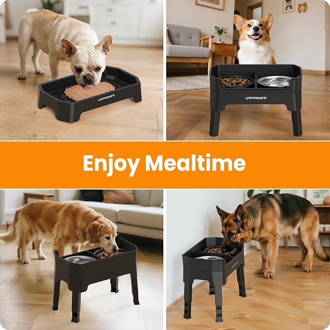 URPOWER Mess Proof Elevated Dog Bowls 4 Height Adjustable Raised Dog Bowl Stand with Stainless Steel Bowl, Slow Feeder & Licking Plate for Small, Medium & Large Dogs