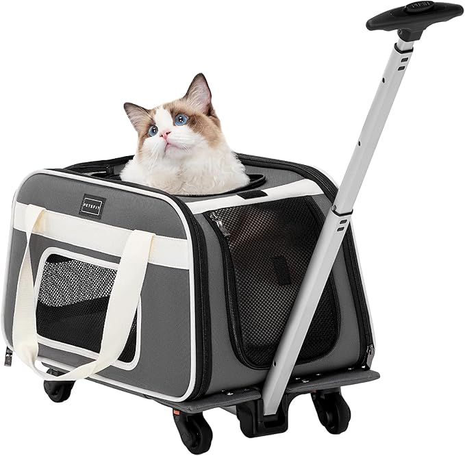Petsfit Cat Carrier with Wheels, Removable Spinner Wheels, Up to 13 lb | Fits pets up to 15 L x 8 H in and 13 lb; removable spinner wheels, anti-sag frame, 4-sided mesh, safety tether and locks.