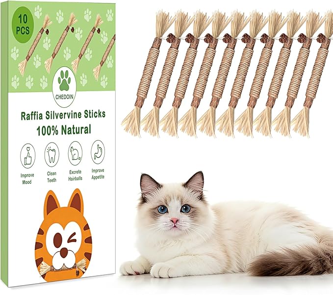 [10 Pack] Silvervine Sticks for Cats, Natural Chew Stick for Dental Care Teeth Cleaning, Cat nip Chew Rope Toys for Bored Indoor Kittens, Catmint Silvervine Blend Toys