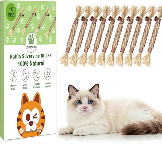 [10 Pack] Silvervine Sticks for Cats, Natural Chew Stick for Dental Care Teeth Cleaning, Cat nip Chew Rope Toys for Bored Indoor Kittens, Catmint Silvervine Blend Toys