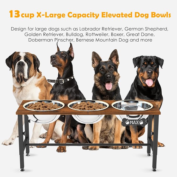XXLarge Wooden Elevated Dog Bowl Stand – 4 Adjustable Heights (11.8"-17.7"), Wooden & Metal with 3 Stainless Steel Bowls & Splash Pad for Large & Extra Large Breeds
