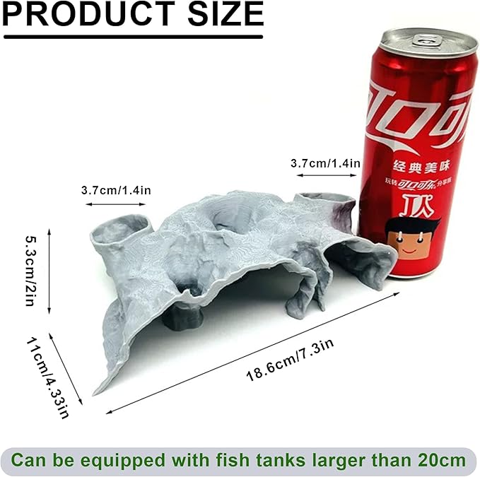 LIYAOLI Aquarium Cave Tunnel Hideout - 3D Printed Fish Tank Cave Decor for Pleco,Friendly Sinking Base Shrimp/Betta Fish Hideout for Aquarium with Viewing Ports (M - Grey)