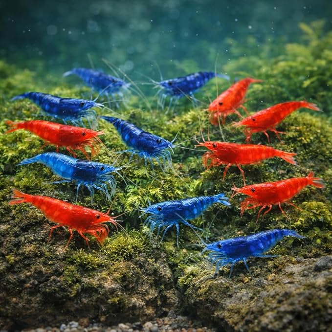 10 Blue & 10 Fire Red Live Freshwater Shrimp High Grade Live Shrimps – Freshwater Shrimp Aquarium Inverts, Hardy Nano Tank Healthy Shrimps Pets – with Live Arrival Guarantee (Pack of 20)