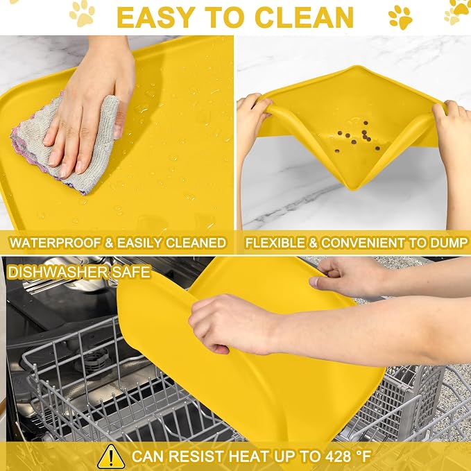SMILOOL Waterproof Silicone Pet Food Mat with Raised Edge for Dog & Cat | 24" x 16" Non-Slip Pet Feeding Mats with Lip for Food & Water Bowl, Food Grade, Easy Cleaning, Vivid Yellow