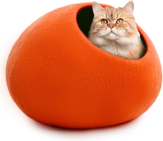 Luxurious Merino Wool Cat Cave - Foldable Hideaway Pod for Indoor Cats - Premium Felt Kitten Pet Enclosure - Covered Cat House for Ultimate Cozy Comfort by Woolygon (Orange Plain)