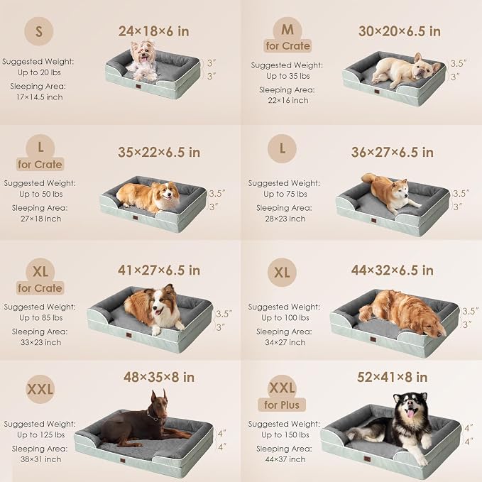 EHEYCIGA Orthopedic Dog Beds Large Sized Dog, Waterproof Washable Pet Bed | Non-Slip Bottom and Egg-Crate Memory Foam Dog Couch Bed with Washable Removable Cover, Greyish Green