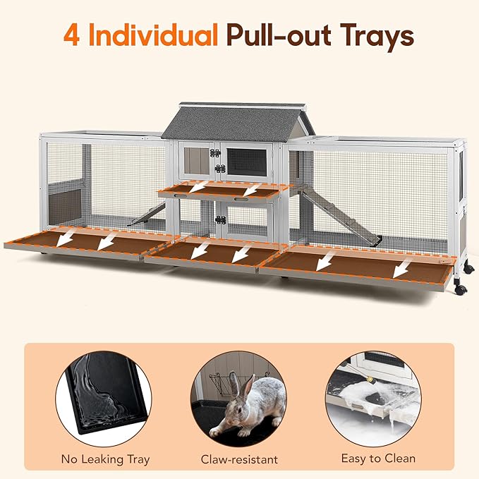 93" L Large Bunny Hutch Outdoor Indoor, with 2 Chew-Resistant Ramp, 4 Leak-Proof Removale Trays, 2-Story Wooden Waterproof Roof Bunny House Outdoor