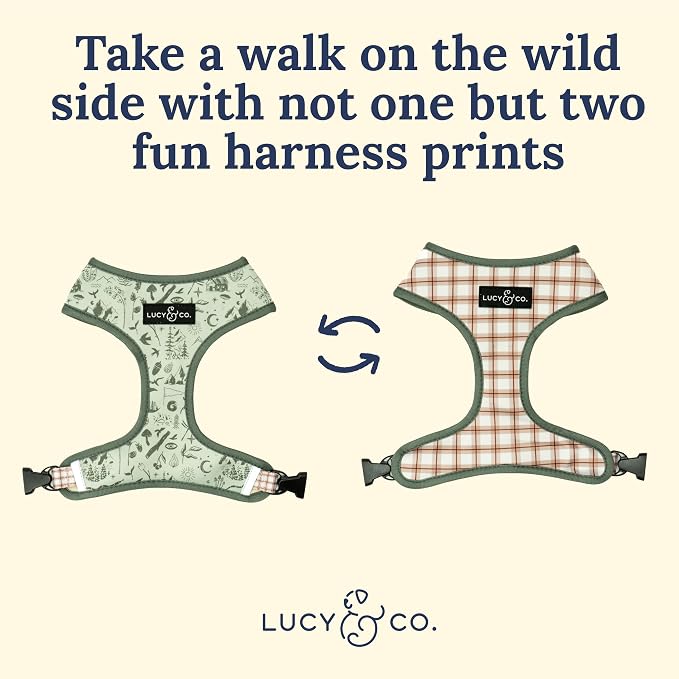 Lucy & Co. Reversible Dog Harness - Water-Repellent Neoprene, Dual-Print Design, Easy Swap Style, Adjustable Comfort Fit - Camp Out Reversible Harness - X-Small