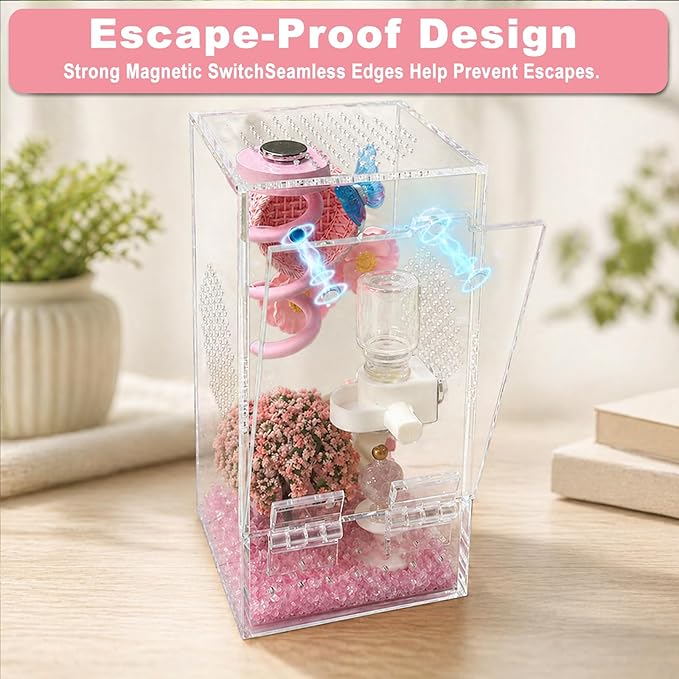 Jumping Spider Enclosure,DIY Insects Habitat,Small Reptile Terrarium Glass House Accessories Set,with Jumping Platform Hide Water Feeder (Pink B)