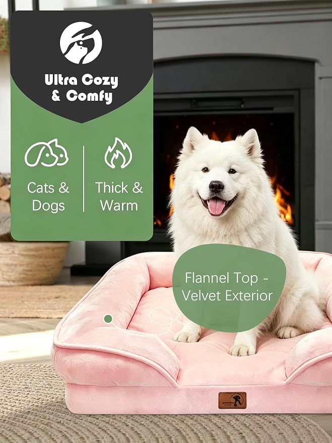 Spotted Play Orthopedic Dog Bed with Sides - Sofa Beds for Large Dogs, Supportive Foam Pet Couch Bed with Washable Removable Cover, Waterproof Lining and Non-Slip Bottom, Pink - L-Plus