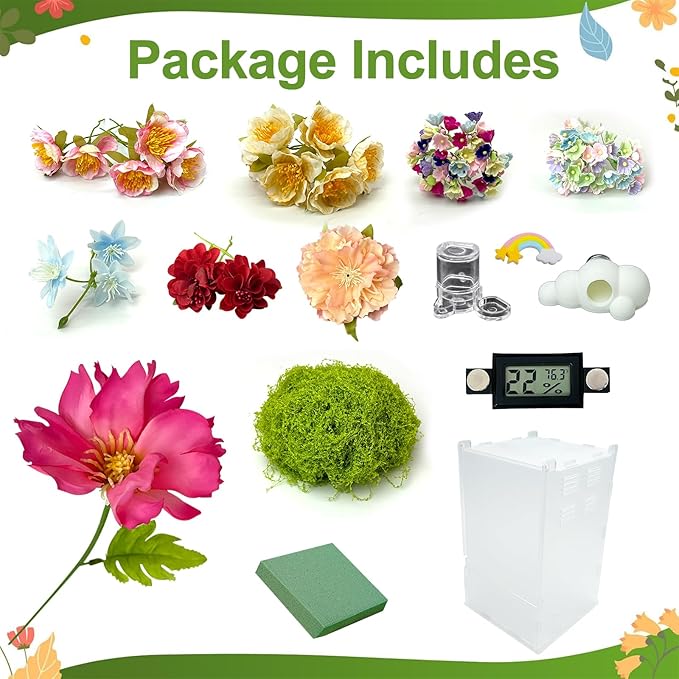 Jumping Spider Enclosure,DIY Insects Habitat,Small Reptile Terrarium Glass House Accessories Set,with Temperature and Humidity Detector Water Feeder Platform Hide,5.5“x5.5”x9.5“ (Garden)