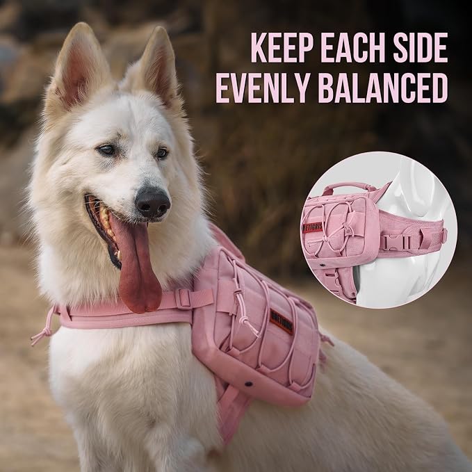 ONETIGRIS Dog Backpack for Medium & Large Dogs, Mammoth Nylon Dog Pack Tactical Backpack Harness with Side Pockets for Hiking Walking Training Running (Pink, Large)