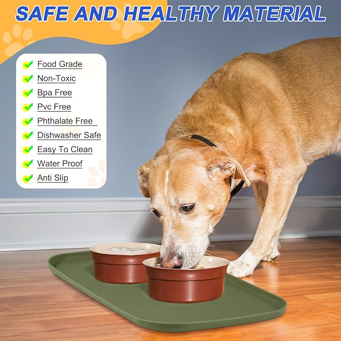 SMILOOL Waterproof Silicone Pet Food Mat with Raised Edge for Dog & Cat | 22" x 14" Non-Slip Pet Feeding Mats with Lip for Food & Water Bowl, Food Grade, Easy Cleaning, Light Olive Green