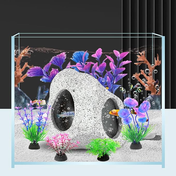 Fish Tank Decorations Set, Aquarium Decor Hideaway Rock Cave x 1pc, Decor Accessories Aquatic Plants x 6pcs.