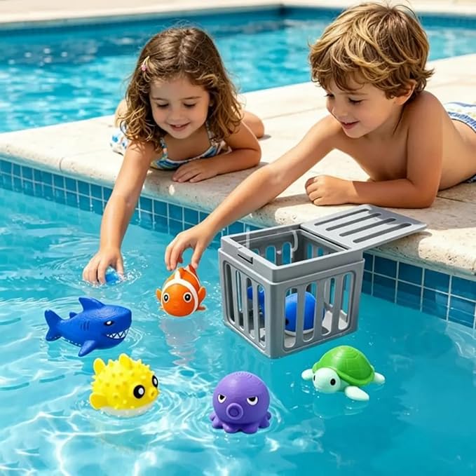 Underwater Dive Rescue Toys, 6 Pcs Kids Pool Diving Toys, Diving Cages Toy with Floating Animals, Summer Underwater Swimming Dive Pool Games Accessories for Boys Girls