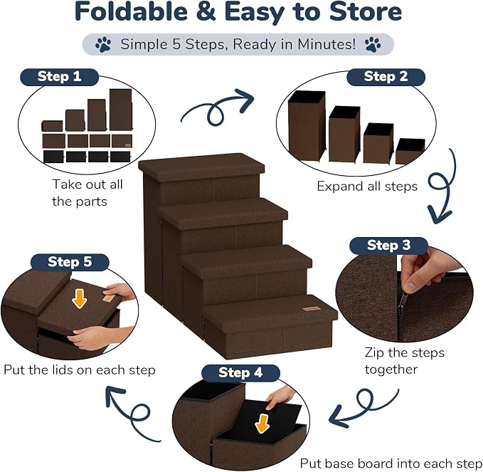 4-Step Wide Dog Stairs with Storage 23" H, Non-Slip Sturdy Pet Steps for High Bed Couch Window, Pet Stairs for Small/Medium/Large Old Dogs Cats Up to 220lbs, Cat Dog Steps for Car/SUV, Coffee