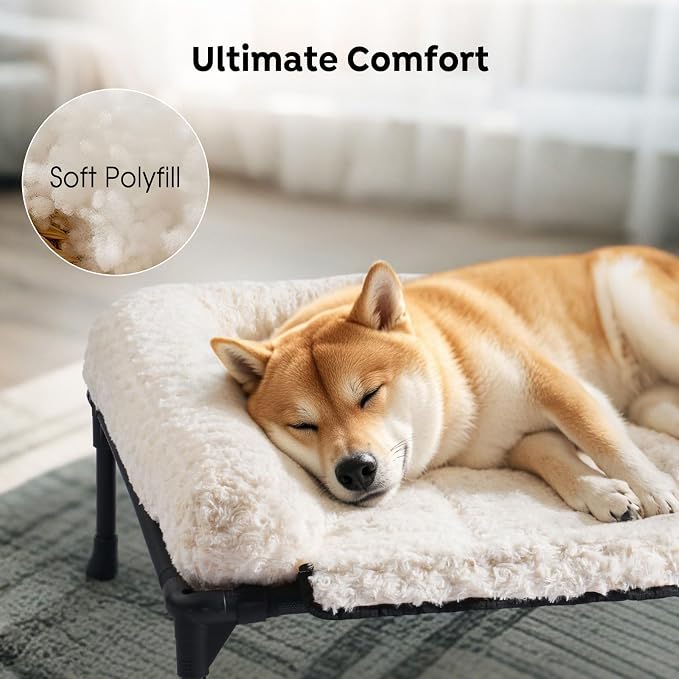 Veehoo Orthopedic Elevated Dog Bed Add Removable Deluxe Rose Plush Bolster Cushion Mat, 41" x 27" Washable Dog Couch Bed, Raised Pet Cot with Breathable Teslin Mesh, No-Slip Feet, White, CWC2439B