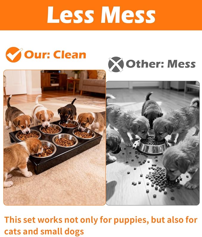 Puppy Feeding System 6 Litter Multiple Dog Bowl Feeder with Metal Stand Puppy Feeder Station, Weaning Dish Puppy's Feeding Ideal for Breeders, Litters & Weaning