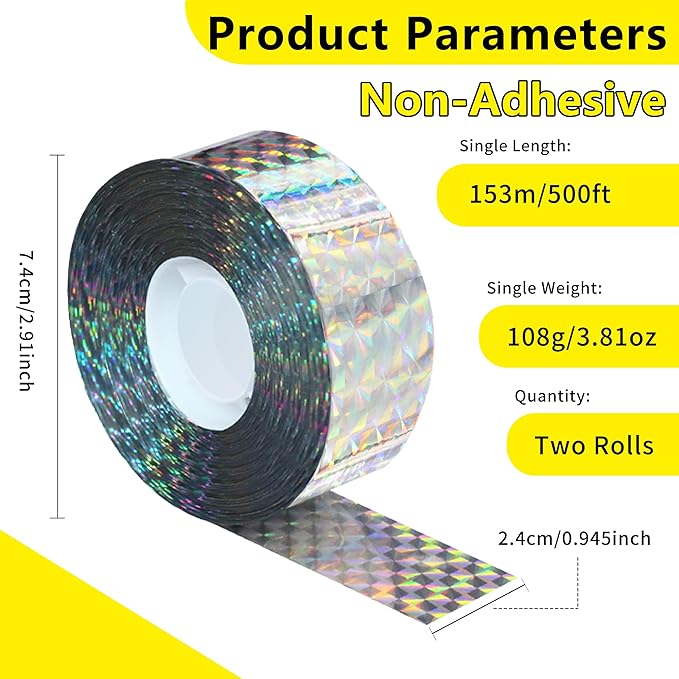 Bird Scare Tapes 500FT*2 Reflective Flash Tape for Birds, Bird Scare Device Double Side Ribbon Scare Birds Away for House, Garden, Yard, Orchard, Patio, Outdoor