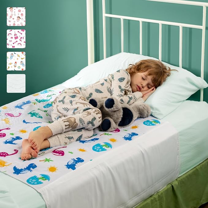 IMPROVIA® Pee Pads for Kids - Bed wetting Pads for Kids Potty Training Bed mats for Toddlers Waterproof Reuseable Washable Absorbent, Non Slip - Dino Design - Twin Size 34”x36 (2 Pack)