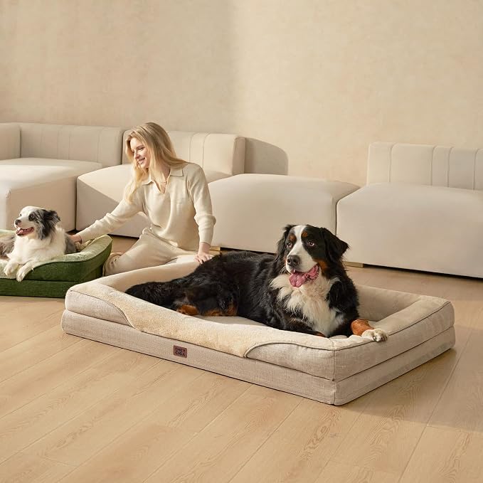 EHEYCIGA Orthopedic XL Dog Bed for Large Dog, Memory Foam Dog Couch, Beige | 48x35 Inch Extra Large Sized Dog Sofa with Sides, Waterproof Liner & Washable Removable Cover, Bolster Pet Couch