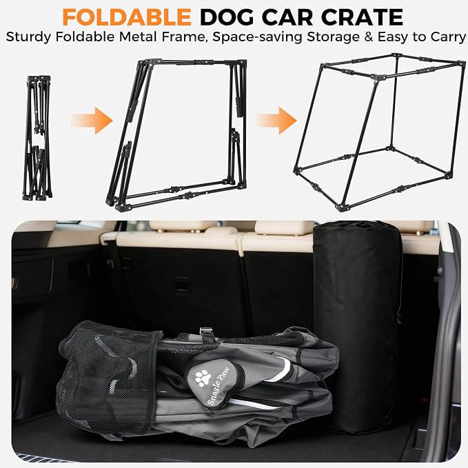 Snagle Paw Dog Car Crate for Back Seat, Portable, Large, Gray | 3-point seat securement, breathable mesh, feeding windows, folds flat, for road trips, camping and vet visits