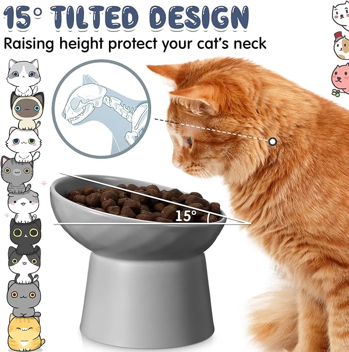 4 Pcs Ceramic Raised Cat Bowls, Elevated Tilted Cat Bowl for Food Water, Stress Free, Backflow Prevention, Dishwasher Microwave Safe, Feeder Dish for Indoor Kitten, Small Dogs(White and Grey)