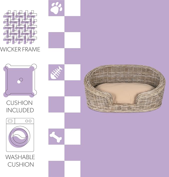 DBD1001A Curvy 33" x 21.25" Classic Handwoven Rattan Dog Bed with Machine-Washable Cushion, Kubu Gray