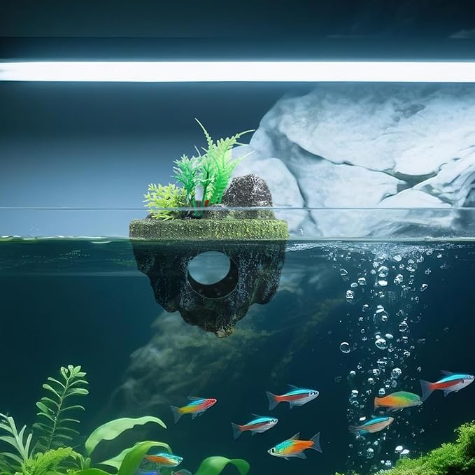 Floating Island Fish Tank Decorations – Aquarium Decor with Hideout Tunnel, Betta Fish and Shrimp Cave, PVC Aquarium Accessory with Artificial Plants