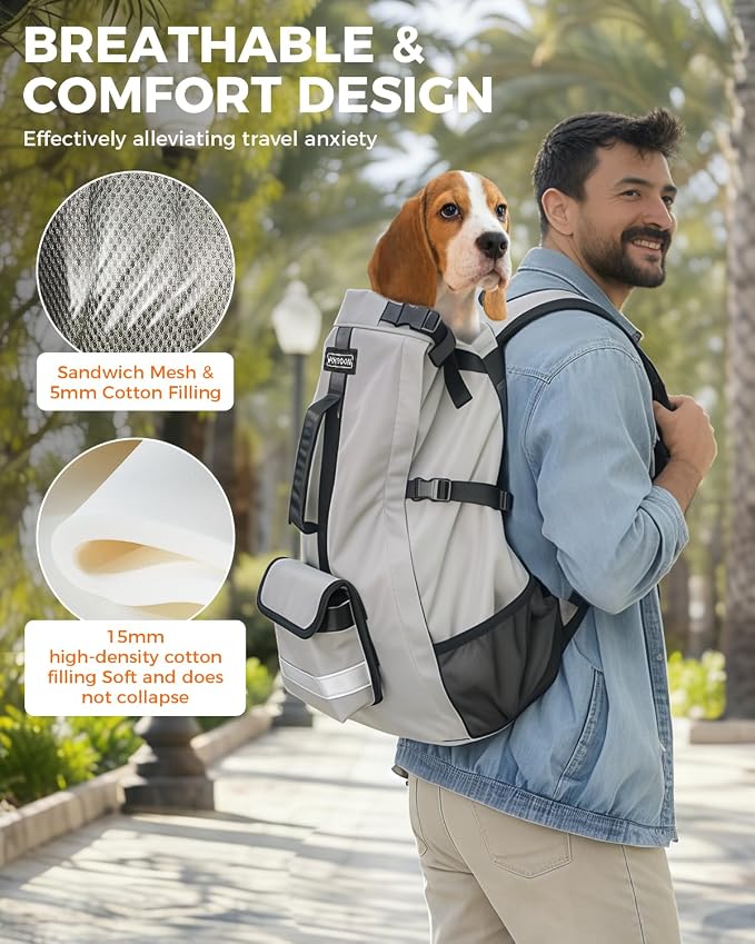 Waterproof Dog Backpack Carrier for Medium Dogs Under 30 lb, Grey | 4-Layer Protection, Adjustable Dog Hiking Backpack with Storage Pockets, Reflective Strips, Non-Slip Handle for Travel
