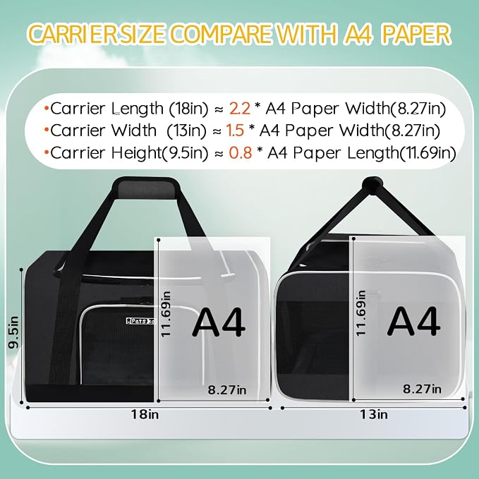 Small Pet Carrier 18" L x 13" W x 9.5" H Airline Approved, Black | for Southwest Airlines, Lockable Safety Zippers and Anti-Scratch Mesh, Pets Under 10 lbs
