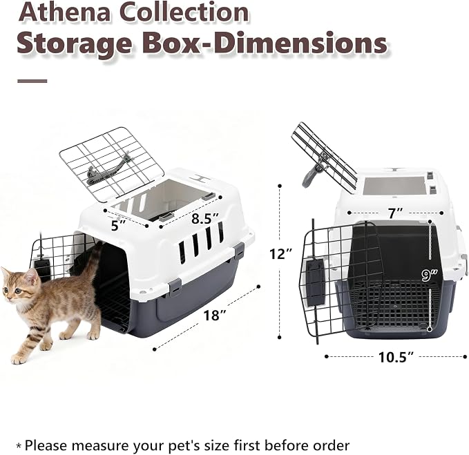 Athena Collection 18" Hard-Sided Travel Pet Carrier for Small Dogs and Cats | Plastic Dog Carriers with 2-Door Top & Front Load & Ventilation & Security Lock, Cat Dog Carrier for Pet, up to 10lbs, Grey