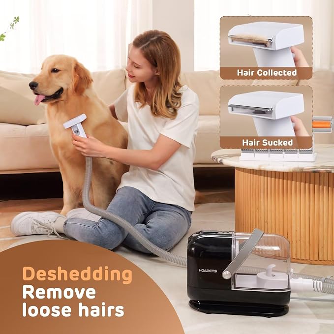 HEAPETS Dog Grooming Vacuum Kit - 3L Vacuum with 7 Tools, Low Noise Electric Clipper and Brush for Pet Shedding at Home, Black