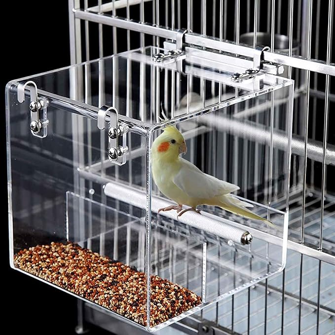 Automatic Bird Feeder for Cage, Automatic Acrylic Bird Feeder No Mess Bird Cage for Small Bird Parrots Canary Parakeet Budgerigar Crested Myna Cockatiel (Large)