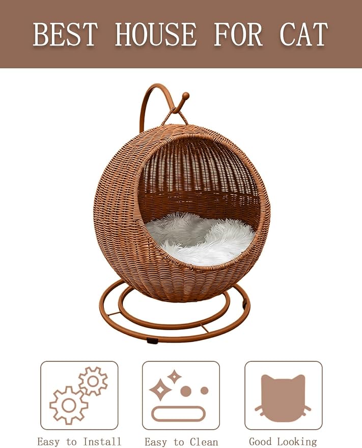 Wicker Cat Bed Indoor & Outdoor, Handwoven PP Rattan Cat Swing Bed with Removable Washable Cushion, Breathable Waterproof Cat House for Cats & Small Dogs (Large–16.9" L × 25.98" H)