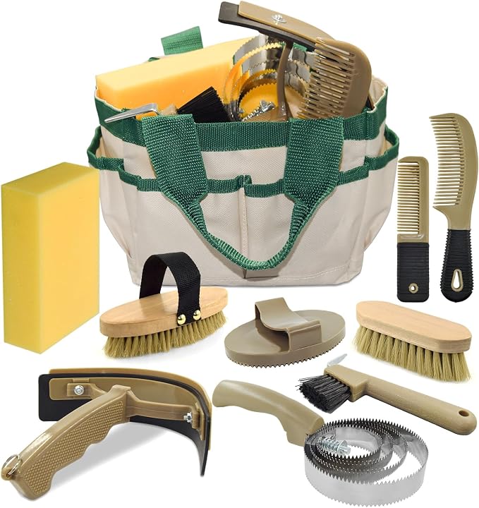 Professional 10 Pieces Horse Grooming Kit with Tote Bag, Horse Brush & Curry Comb Set for Effective Grooming and Bathing, Equine Coat Care Tack Room Supplies, Horse Gifts for Girls