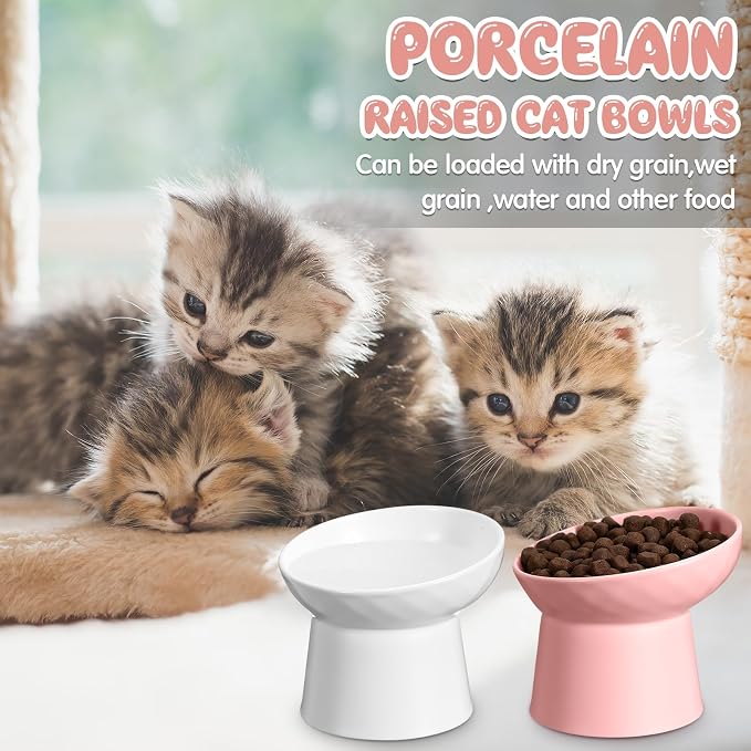 4 Pcs Ceramic Raised Cat Bowls, Elevated Tilted Cat Bowl for Food Water, Stress Free, Backflow Prevention, Dishwasher Microwave Safe, Feeder Dish for Indoor Kitten, Small Dogs(White and Pink)