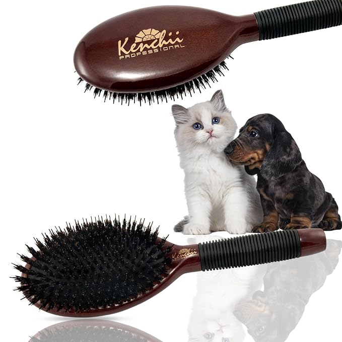 Kenchii Boar and Nylon Bristle Brush for Dog and Cat, Professional Grooming Brush with Maple Body, Lightweight, Non-Slip Rubber, Size Large