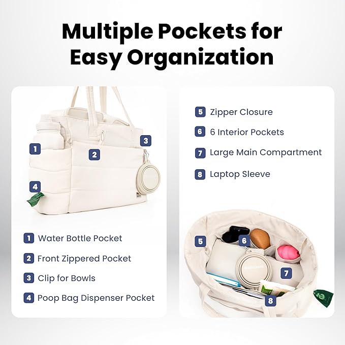Puffer Dog Travel Bag for Dog Moms, Diaper Bag with Travel Bowls | 2 BPA-Free Collapsible Bowls, 2 Pet Food Containers, 9 Pockets, Everyday Puffer Bag Works With or Without Your Dog, Beige
