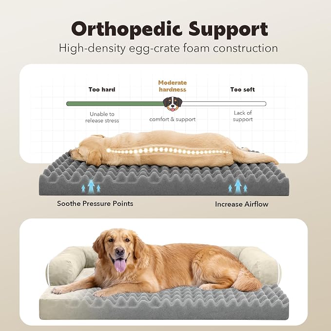 Orthopedic Waterproof Dog Bed Pet Couch with Bolster for Medium Dogs | Pillow Support for Neck Relief, Egg Crate Foam, Waterproof Liner, Anti-Slip Bottom, Machine Washable Cover, 30 x 22 Inch